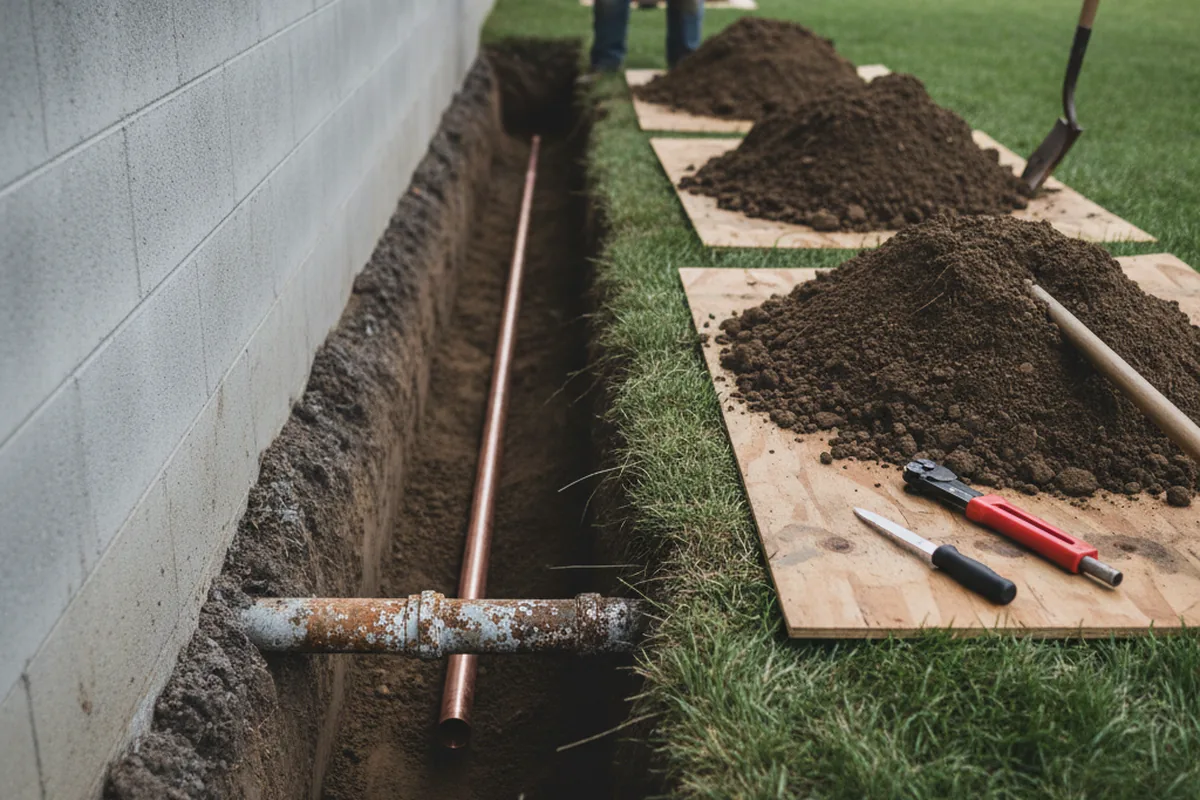 Excavated water line trench during Sewer Line Repair in Wingate